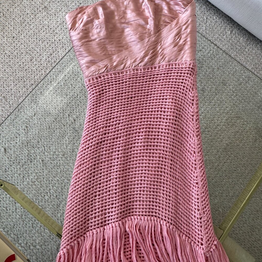 Alejandra Alonso Rojas Draped Bustier Crochet Fringe Maxi Dress Rose NWT - Picture 4 of 9